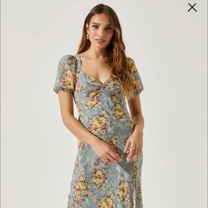 ASTR Sweetheart Neck Floral Twist Bust Maxi Dress (Slate Blue Yellow Floral)